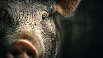 Fototapeta premium Close-up view of a pig showcasing its textured skin and expressive eye in a rustic environment during the late afternoon