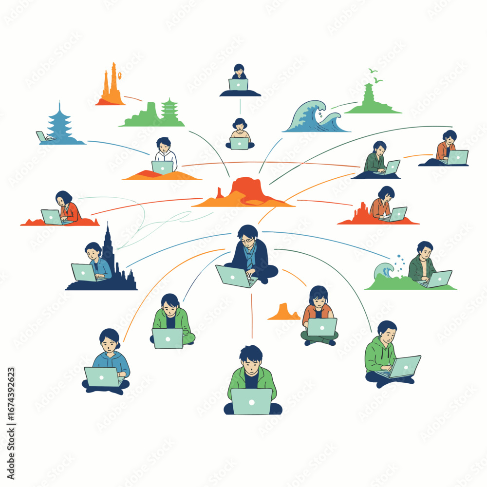 Poster diverse individuals connect globally through laptops, illustrating a vast digital network and interc