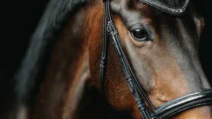 Close view of a brown horse wearing a bridle, showcasing its features and details in a studio setting