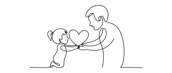 One line drawing of children giving love heart shaped to mother or father. Mom and dad loving care parenting concept. Vector black silhouette. with white background