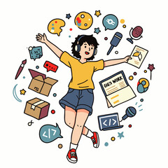 A cheerful young woman embraces her diverse digital passions, surrounded by icons representing creative skills, online work, and personal growth.
