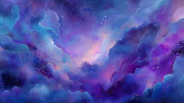 A cosmic abstract scene of a galaxy cloudburst with swirling violet tones and radiant energy.
- Powered by Adobe