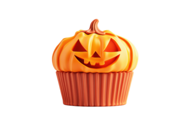 Cute 3d cupcake orange pumpkin on transparent background, png