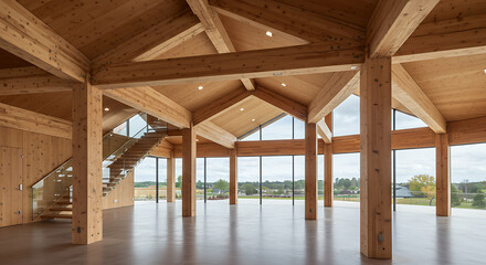 Fototapeta premium Modern wooden interior with exposed beams and large windows offering scenic views of the countryside, showcasing sustainable architecture and natural light