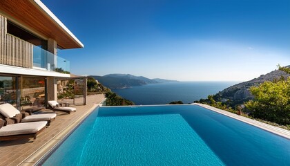 Fototapeta premium luxury villa with infinity pool overlooking scenic bay