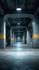 Obraz premium Industrial parking garage with concrete pillars and yellow stripes under dim lighting