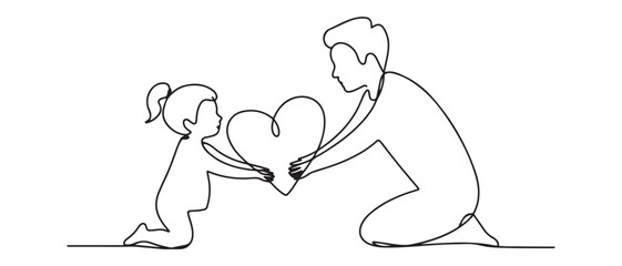 One line drawing of children giving love heart shaped to mother or father. Mom and dad loving care parenting concept. Vector black silhouette. with white background