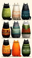 Colorful cats in sweaters display playful personalities in a whimsical design