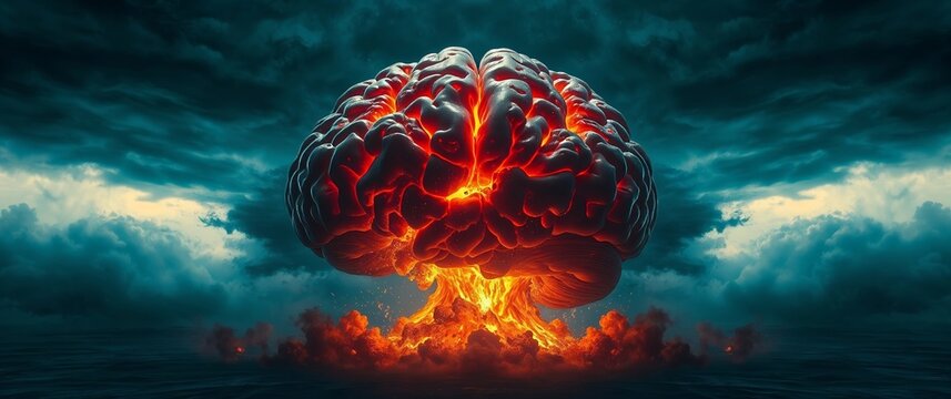 Brain exploding generating a nuclear fireball over ocean: mental health crisis concept