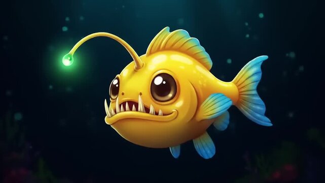 Cartoon anglerfish with glowing lure swimming underwater