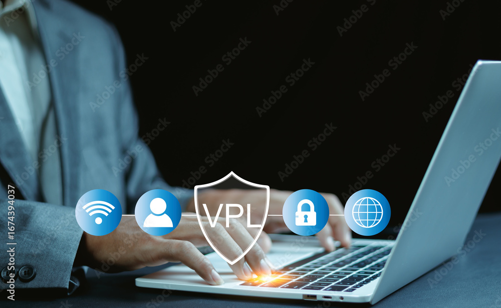 Poster close-up of hands typing on laptop with virtual vpn shield icon, representing internet security, pri