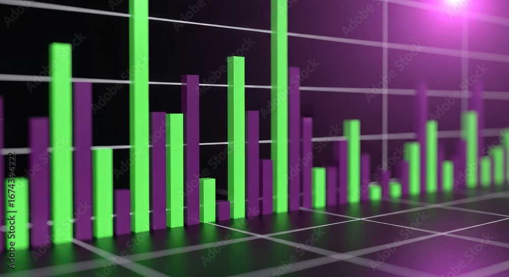Poster abstract 3d green and purple bar chart on grid with transparent background