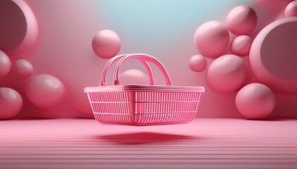 pink shopping basket floats pastel background online shopping