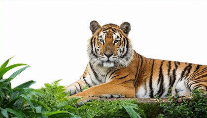 Obraz premium majestic tiger resting among lush green foliage isolated on white background