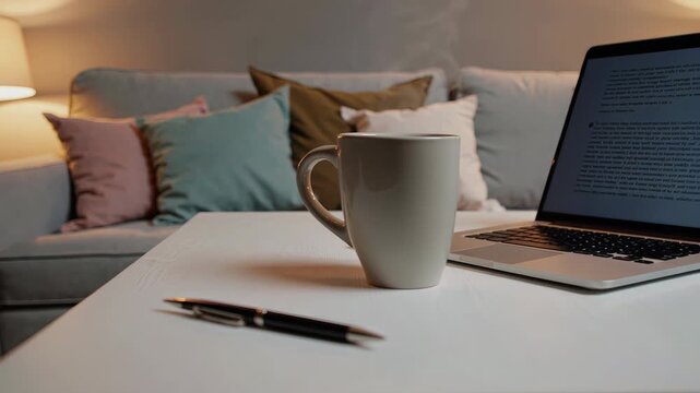 Ceramic mug on table in cozy living room with soft pillows and indirect lighting in background. Concept of home warmth and comfort
