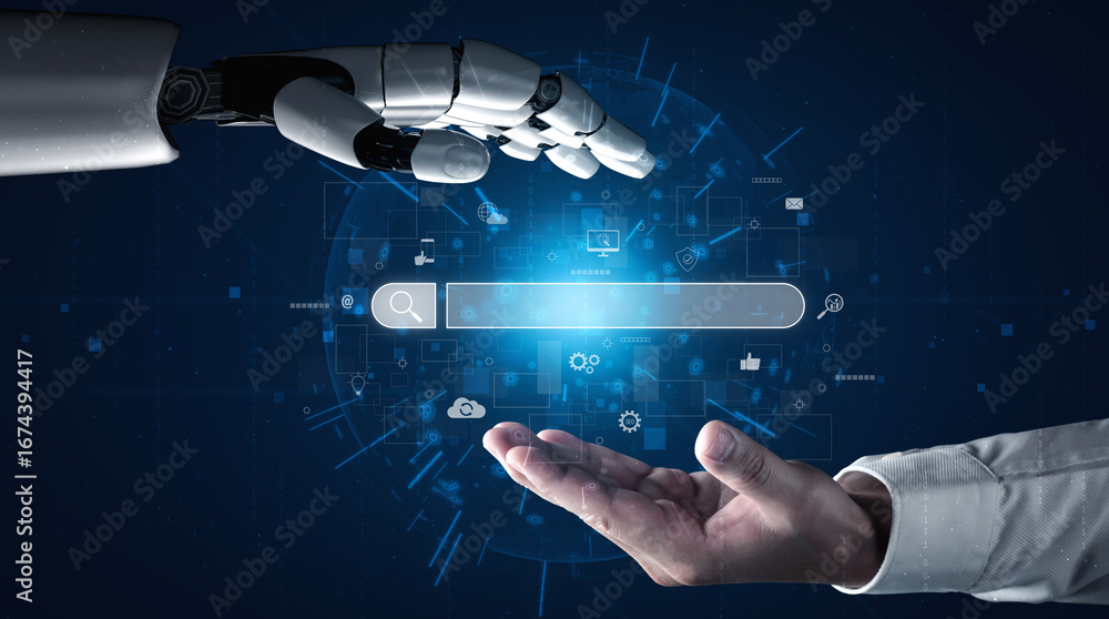 Poster ai assisting search engine interface to find digital information, enhance seo visibility, monitor in