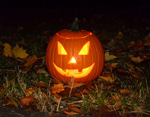 Illuminated jack o lantern autumn leaves