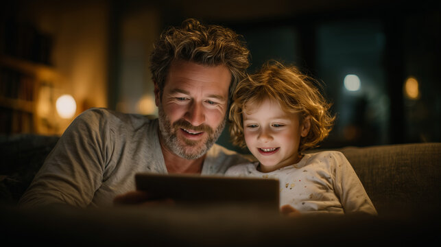 Father helping daughter with homework on digital tablet, modern home interior, happy family bonding moment with technologyfather daughter homework, digital tablet learning, online