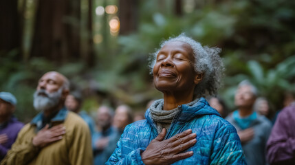 Fototapeta premium A diverse group of people meditating outdoors in a lush green forest, hands placed on their hearts, peaceful expressions, sunlight filtering through tall trees, serene holistic ret