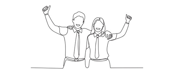 Single continuous line drawing of young happy male and female managers celebrating their job promotion together. Vector black silhouette. with white background
