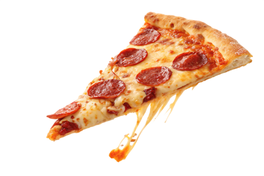 Template with delicious tasty slice of pepperoni pizza flying on white background