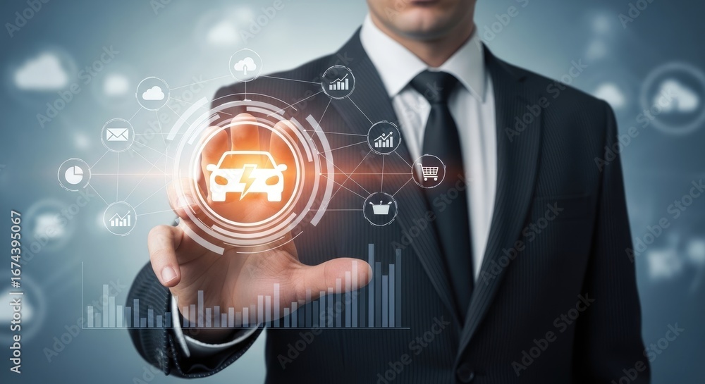 Poster businessman touching electric car icon with digital interface and graph data