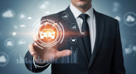 Businessman Touching Electric Car Icon with Digital Interface and Graph Data