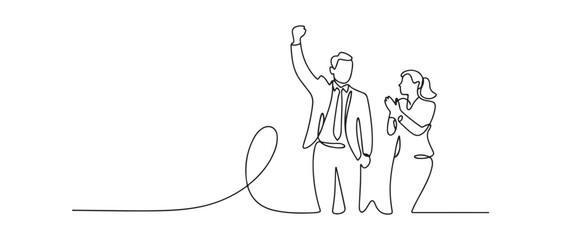 Single continuous line drawing of young happy male and female managers celebrating their job promotion together. Vector black silhouette. with white background