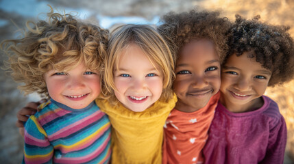 Cheerful diverse group of kids enjoying friendship outdoors, standing close together with bright smiles, colorful clothes, and sunlight shining on their happy faces. ] diverse chil