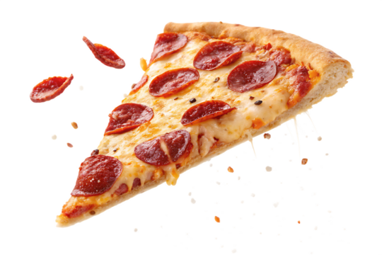 Template with delicious tasty slice of pepperoni pizza flying on white background