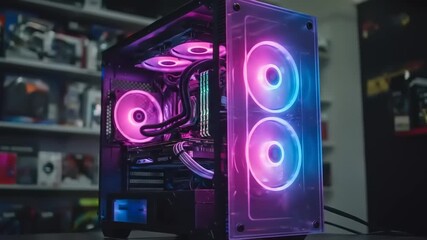 Colorful gaming PC with vibrant lighting in a store