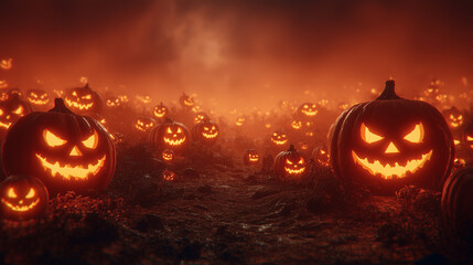 Creepy pumpkin patch with carved jack-oâ-lanterns glowing in fog