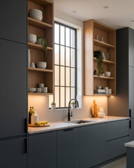 Contemporary Charcoal Minimalist Kitchen with Wooden Shelves and Warm Lighting