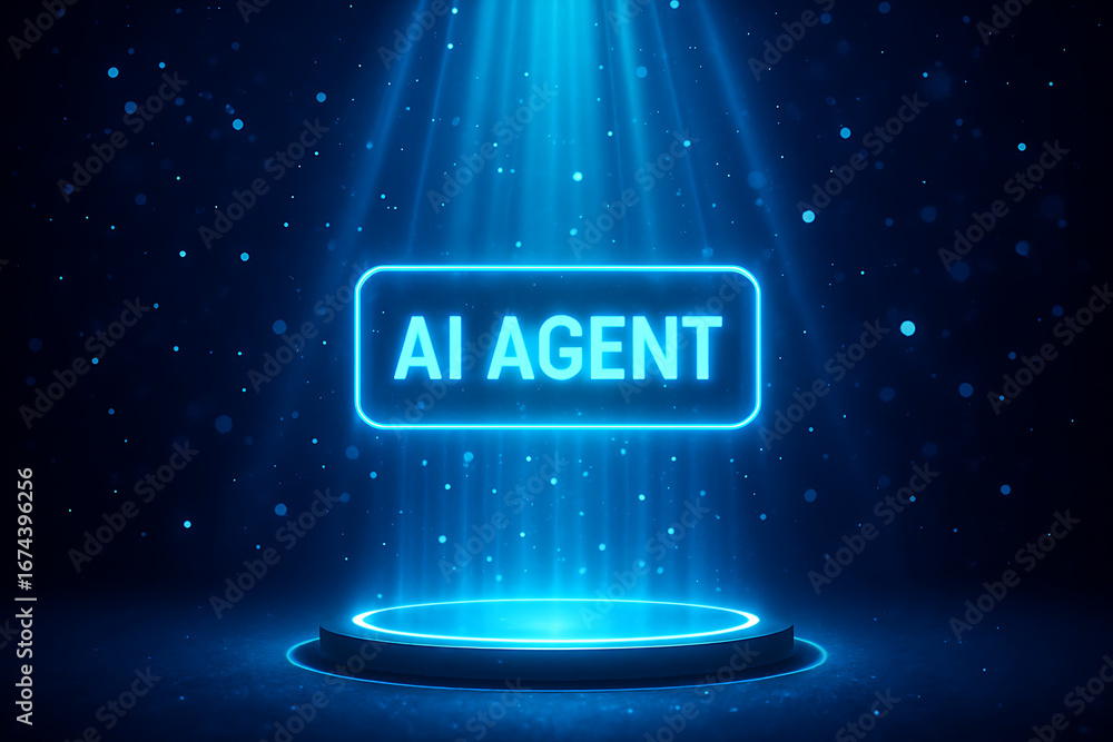 Poster ai agent text with glowing neon frame on a holographic stage with spotlights representing a digital 