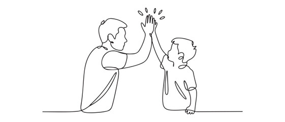Single continuous line drawing of young dad giving high five gesture to son for success school achievement, parenthood time. Vector black silhouette. with white background