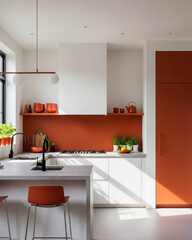 Burnt Orange Accent Minimalist Kitchen with Creative Layout and Natural Light