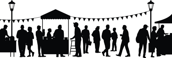 Silhouette of people at outdoor street market, enjoying shopping, walking, socializing, buying food, exploring stalls, festive atmosphere, black and white illustration