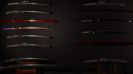 大量の刀剣コレクションが壁に掛けて並べてあるイメージ
