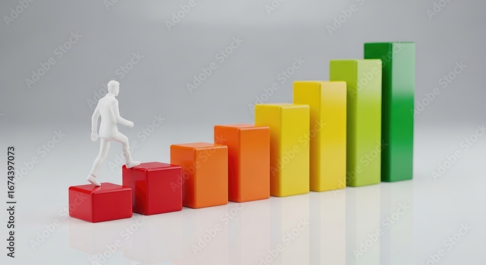 Poster figure climbing bar chart representing growth progress with gray background