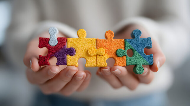 Hands holding colorful puzzle pieces representing teamwork and problem solving