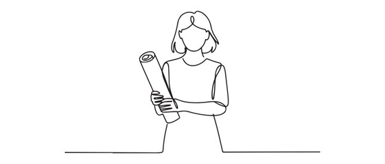 Single continuous line drawing of young female architect holding blueprint paper pose cross arms. Professional work job occupation. Vector black silhouette. with white background