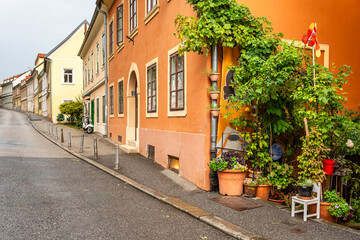 Picturesque street with old houses in the historic city center of Zagreb, Croatia.