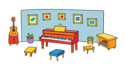 cartoon music room with piano on white background.eps