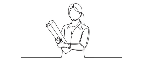 Single continuous line drawing of young female architect holding blueprint paper pose cross arms. Professional work job occupation. Vector black silhouette. with white background