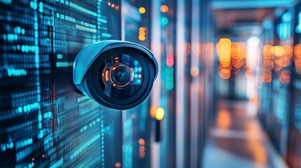 Close-up of a security camera mounted on a server rack in a data center.