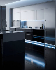 Futuristic Minimalist Kitchen in Silver and Black with LED Accent Lighting