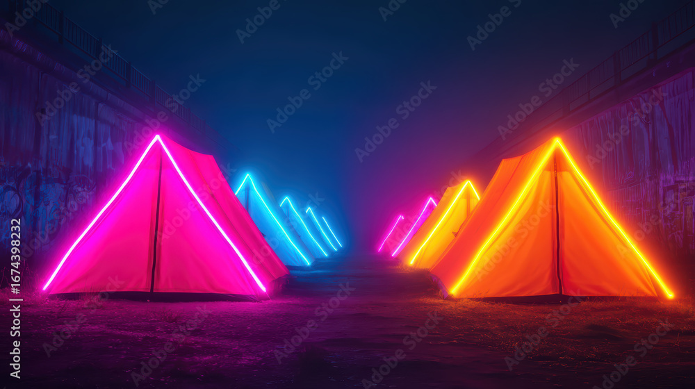 Poster illuminated tents in vibrant colors stand in a foggy setting, creating a surreal and captivating atm