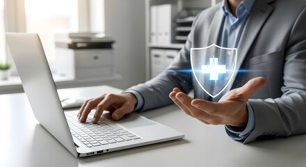 Man Protecting Health Insurance Data Online with Digital Shield and Laptop
