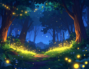 Magical night forest pathway with firefly lights