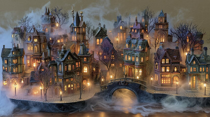 Fototapeta premium Enchanted Halloween village with glowing windows, whimsical haunted town, fantasy houses, misty night street, gothic fairytale architecture, magical autumn cityscape, cozy spooky illustration scene